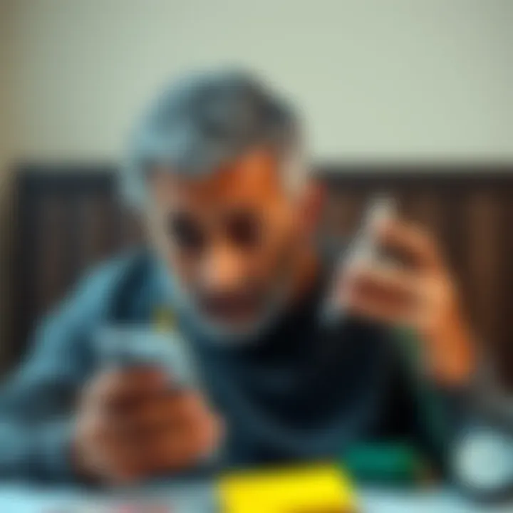 A worried father looks at a phone, searching for support regarding his son’s gambling addiction. He appears distressed and hopeful.