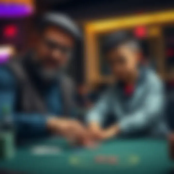 A father plays poker at a table while his young son watches intently, creating a bonding moment between them.