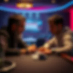 A father and son sit at a table with playing cards and chips, debating their different blackjack strategies.