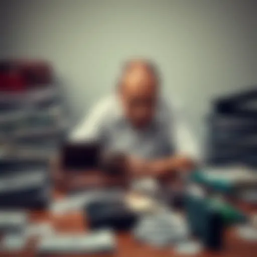A distressed father sits at a table cluttered with unpaid bills and empty wallets, showing the impact of gambling addiction on family finances.