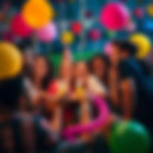 A lively group of friends enjoying a colorful party with balloons and decorations, smiling and having fun together.