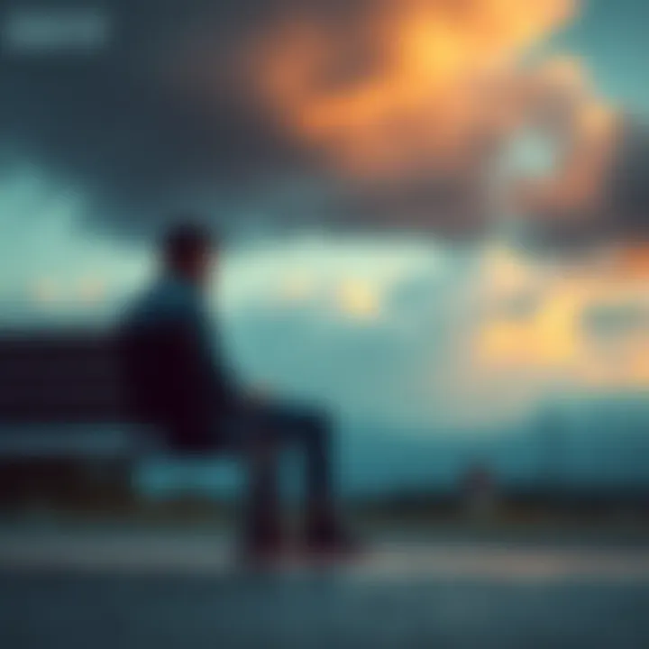 A person sitting alone on a bench, looking pensive, with a cloudy sky in the background conveying a sense of struggle.