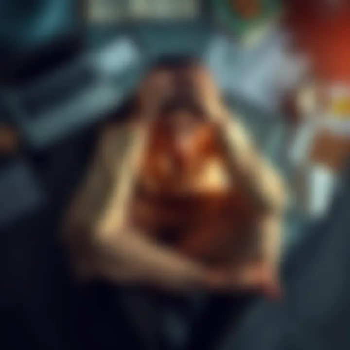 A person sitting on the ground with their head in their hands, looking frustrated and tired. Surrounding them are signs of daily life like a laptop, papers, and a coffee cup, symbolizing modern life's...