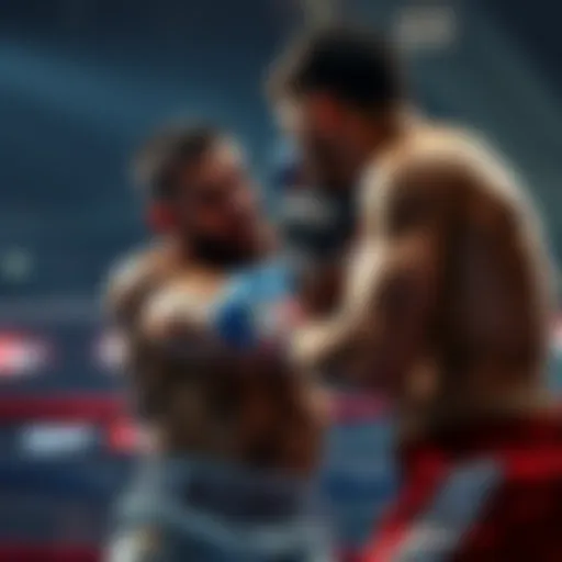 Two fighters engaged in a powerful clinch, showing strength and determination during a match