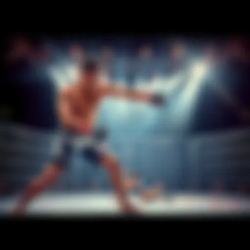 A fighter shows clear dominance over an opponent during a match, controlling the fight with powerful strikes and movement.