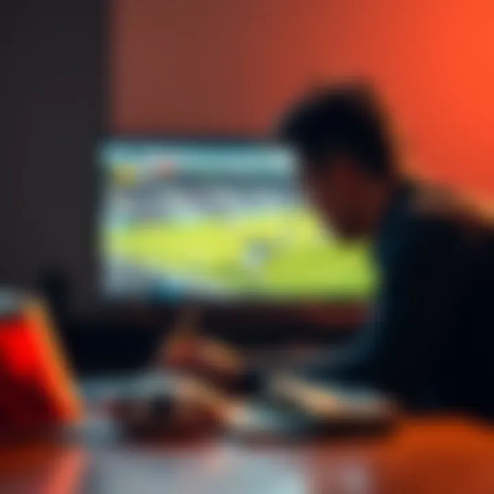 Final Bet Decision A person contemplating a final bet with a football game on TV, showing cash on the table and a worried expression.