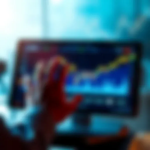A graphic showing a person analyzing financial data on a screen with upward trends and graphs, symbolizing hedging strategies for investments.