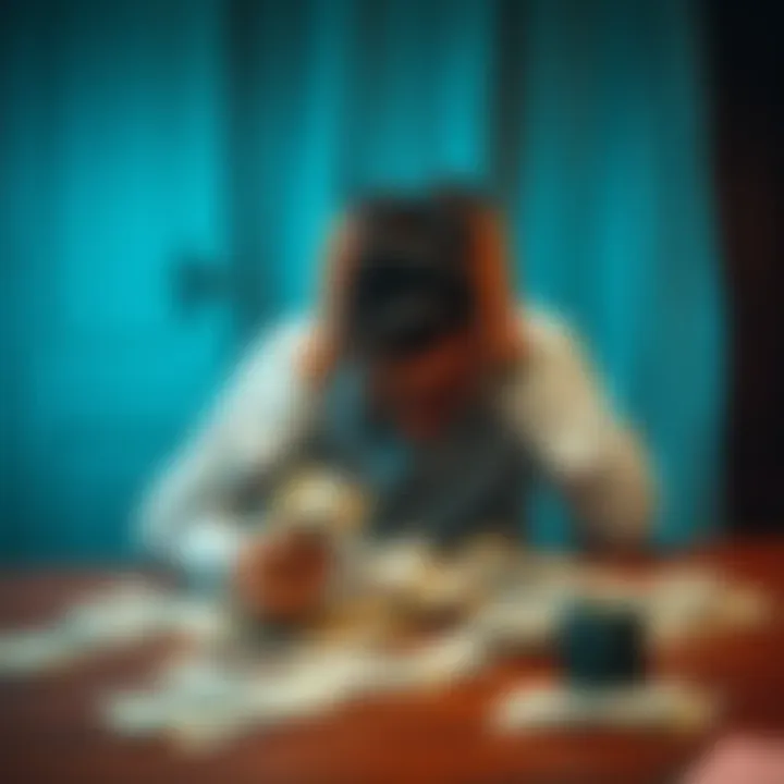 A person sitting at a table with their head in their hands, surrounded by bills and empty betting slips, showing signs of stress and despair.