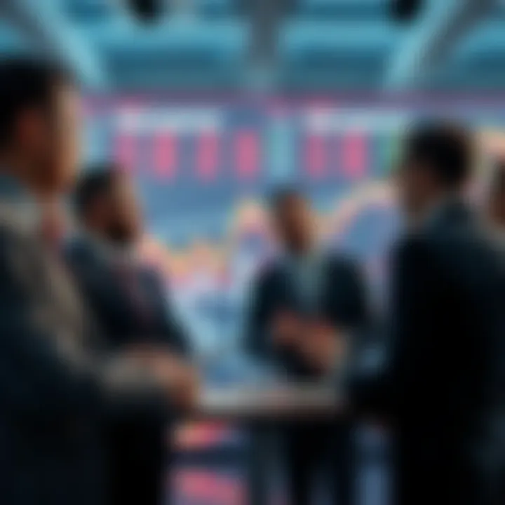 A group of financial experts discussing market strategies with charts and graphs in the background.