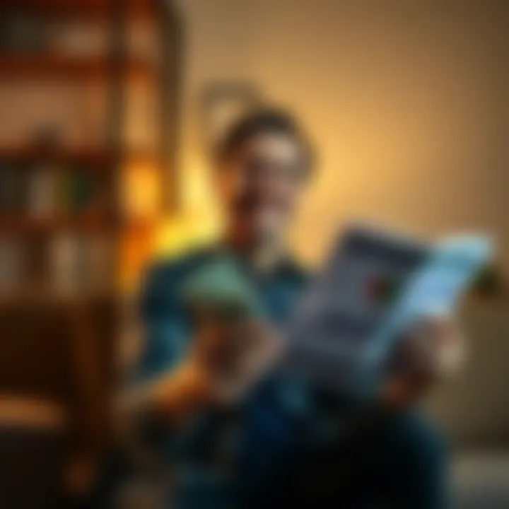 A person looking relieved while holding cash and analyzing financial documents in a calm setting
