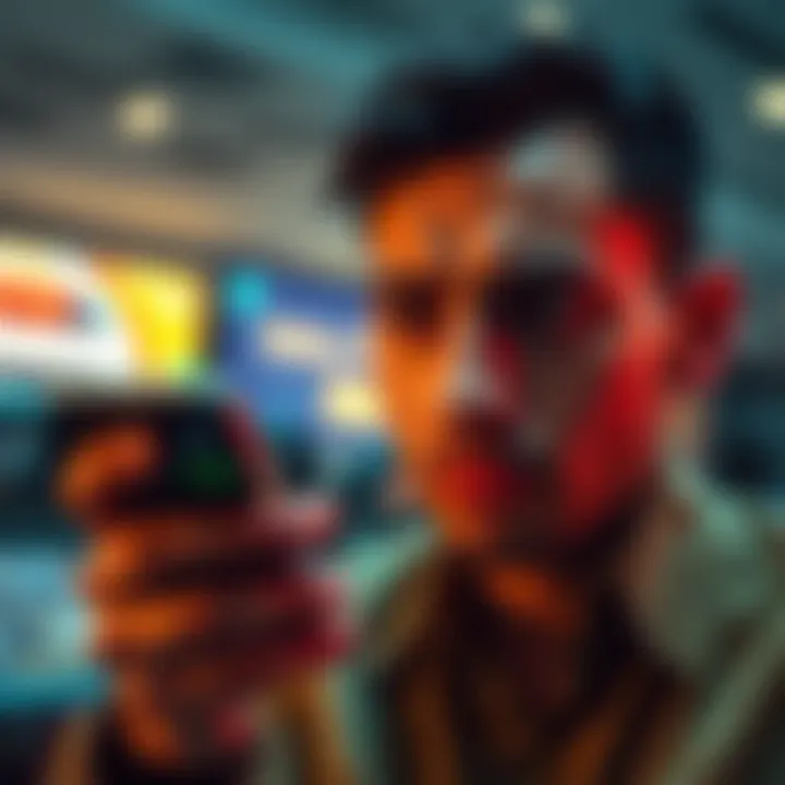 A person looking concerned at their smartphone showing a gambling app with VIP features, reflecting on financial struggles and gambling temptation.