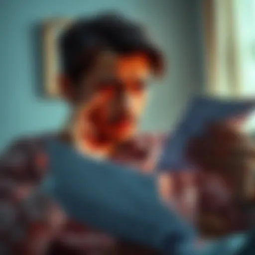 A worried person looking at bills and financial statements, reflecting their struggle with unexpected debts