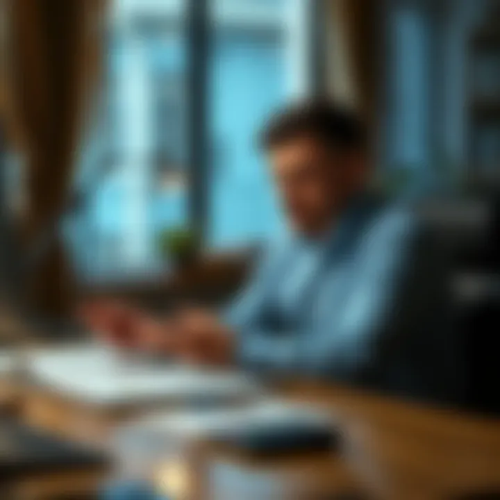 A person sitting at a desk, looking at financial documents and a calculator, contemplating whether to withdraw or keep their investments.