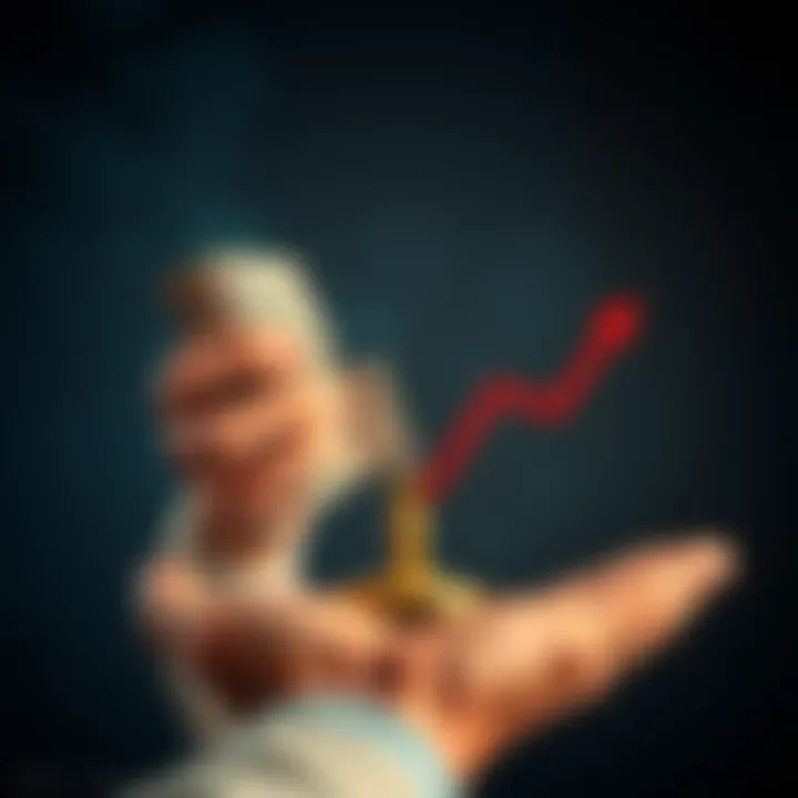 A person weighing options with money in one hand and a decreasing graph in the other, symbolizing choices between success and loss.