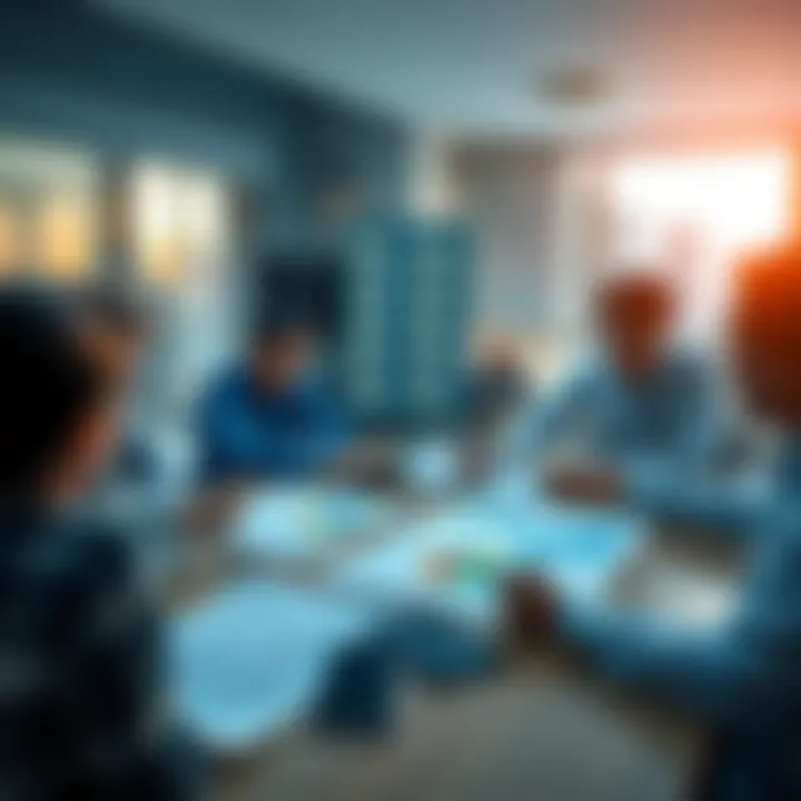 A group of people discussing financial strategies and opportunities with charts and graphs on a table.