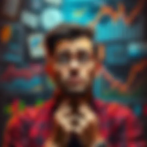 A person contemplating their investments with a worried expression, surrounded by financial charts and graphs.