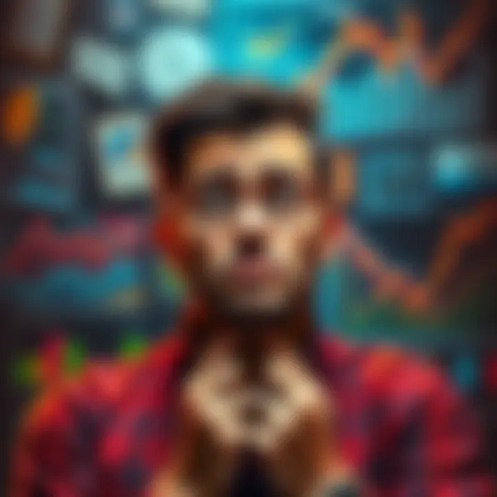 A person contemplating their investments with a worried expression, surrounded by financial charts and graphs.