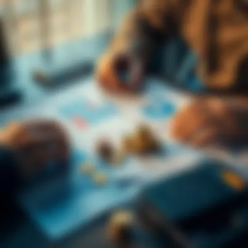 A person analyzing charts and notes on a table with coins and a calculator, symbolizing financial choices.