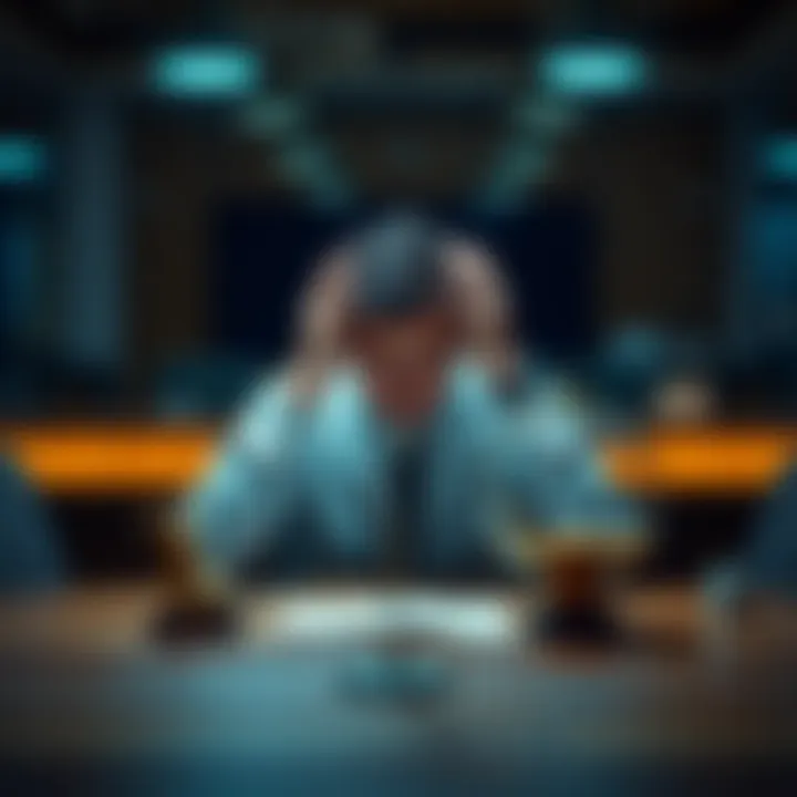 A person sitting at a table looking stressed while weighing options between a larger reward and a smaller amount of money.