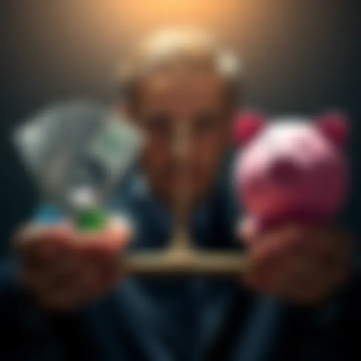 A person weighing options between gambling and investing, with money and dice on one side and a piggy bank on the other.