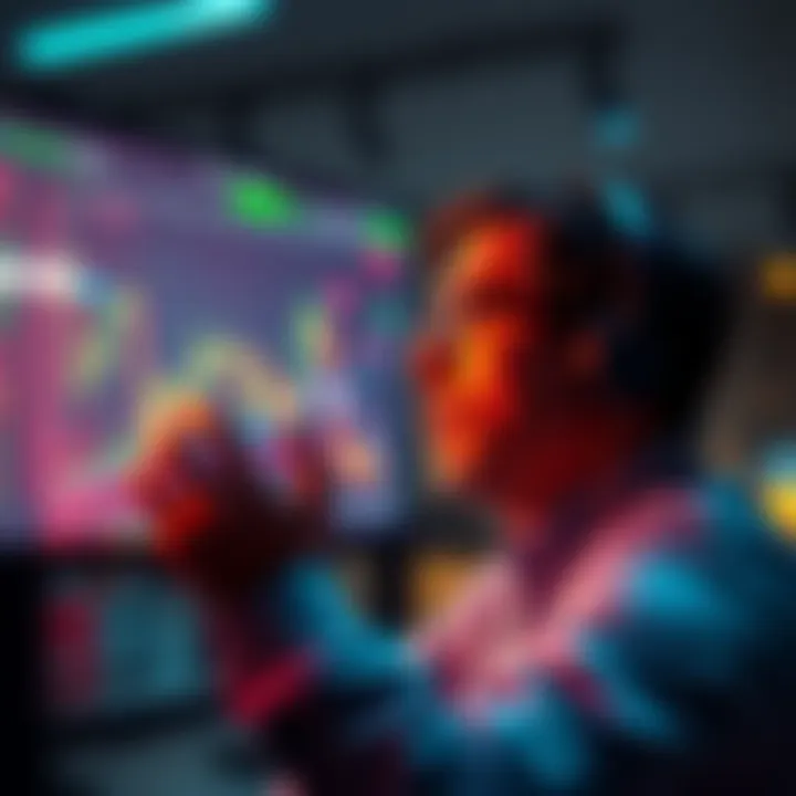 A worried investor looking at financial charts on a digital screen, representing concerns about manipulation in the market.