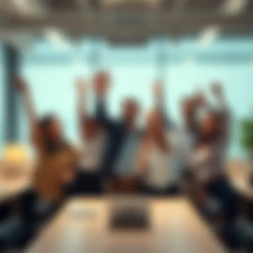 A business team celebrates a financial recovery in an office, showing relief and hope after challenges.