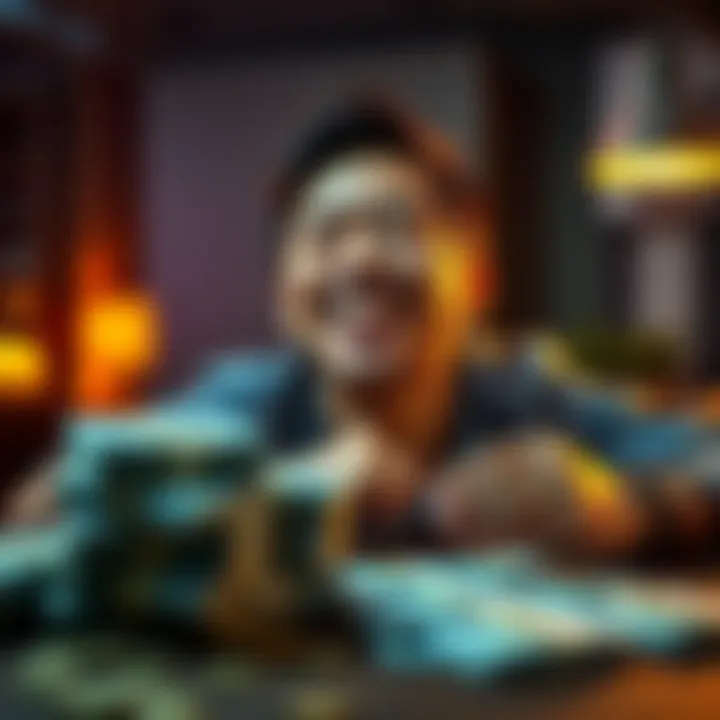 A person smiling and feeling relieved after receiving an early payment, with stacks of cash on the table.