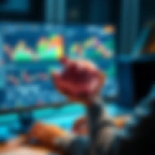 A person holding a piggy bank while looking at a computer screen showing financial charts