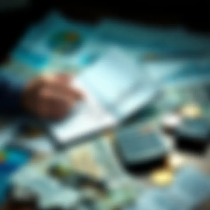 A person planning financial strategies with a notebook and calculator, surrounded by money and graphs