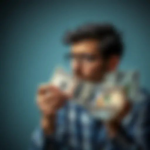 A person looking worried while holding a small amount of cash in one hand and a bill labeled 10,000 in the other, symbolizing financial stress.