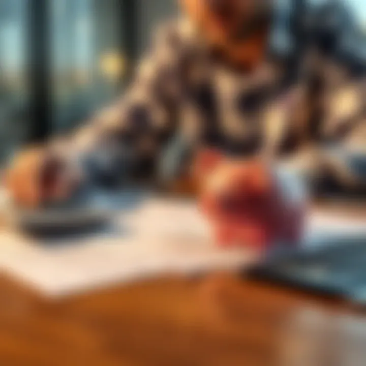 A person reviewing financial documents with a calculator and piggy bank on the table