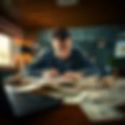 A person reviewing finances with cash and bills spread out on a table, looking concerned about money management