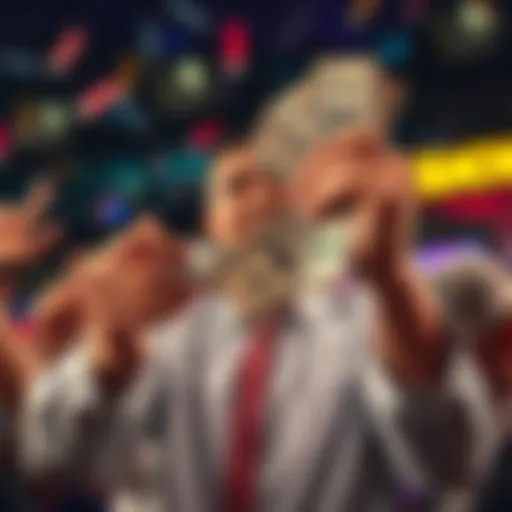 A person holding cash celebrating a financial win, showing $21 turning into $569