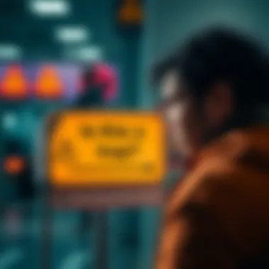 A person examining a sign with financial warning symbols while pondering a decision