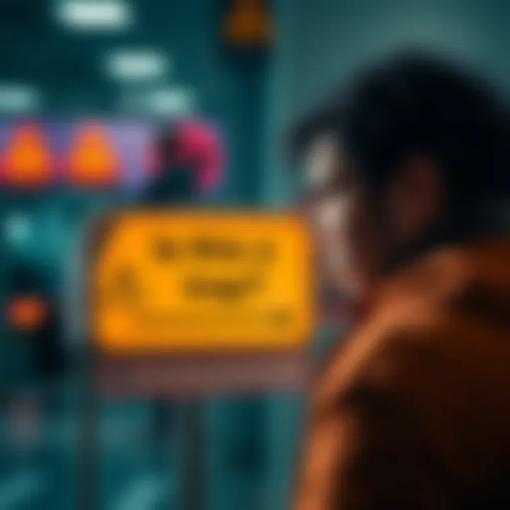 A person examining a sign with financial warning symbols while pondering a decision
