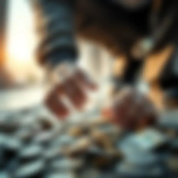 A person picking up coins and cash from the ground, symbolizing opportunities to find free money in everyday life.