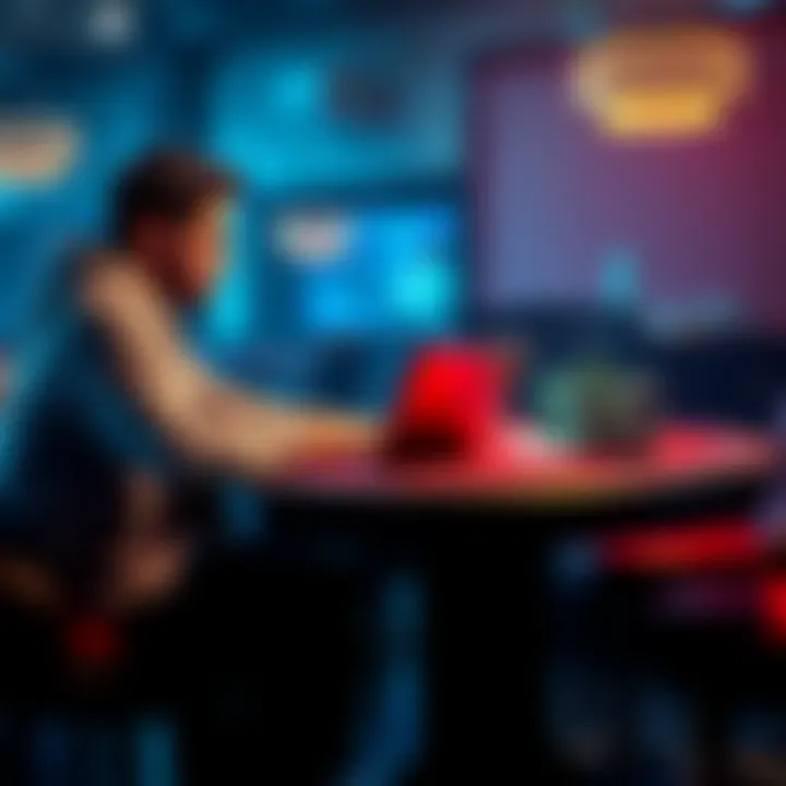 A person sitting at a poker table with stacks of chips, looking at a laptop while consulting with a coach over video call