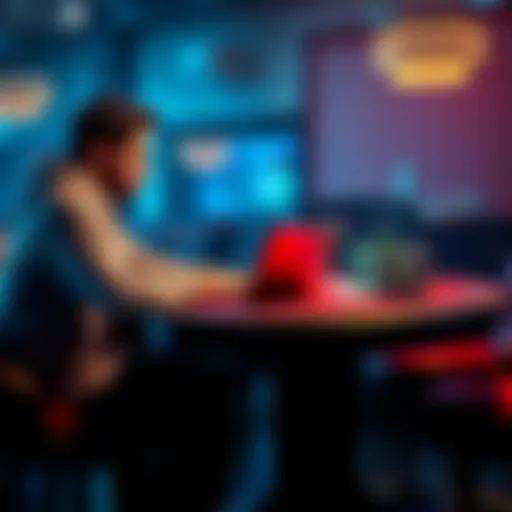 Finding a Cash Game Coach A person sitting at a poker table with stacks of chips, looking at a laptop while consulting with a coach over video call