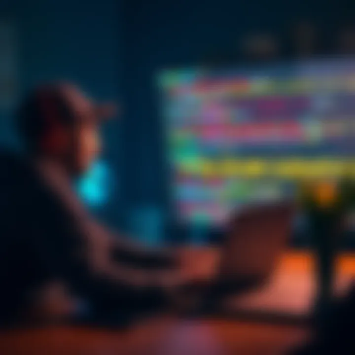 A person sitting at a desk with a laptop, searching for code snippets online, with coding languages visible on the screen.