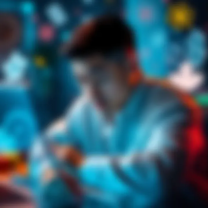 A person searching for trustworthy online casino websites on a laptop, surrounded by gaming icons and symbols.