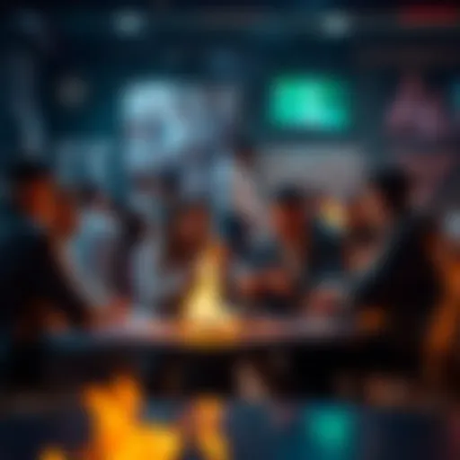 People discussing their experiences placing bets on fire in a lively setting
