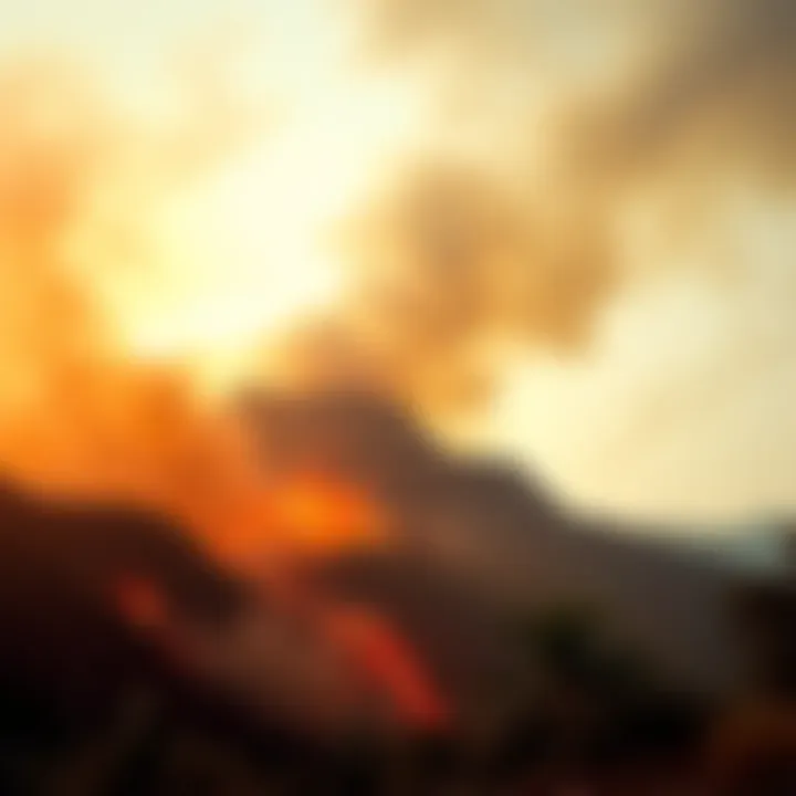 Emergency response teams work to control the fire affecting Hard Rock Fire Mountain with smoke rising and people evacuating the area.