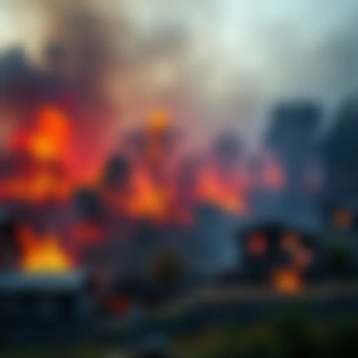 A burning forest affecting nearby houses and wildlife, showing the destruction caused by flames.