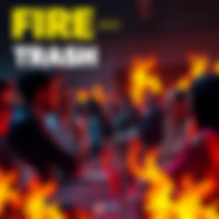 People engaged in a lively discussion about current trends, with flames and trash symbols representing hot or not ideas.