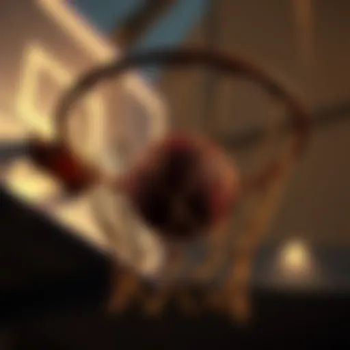 A vintage basketball hoop with a ball going through it, symbolizing the first basket in basketball history.