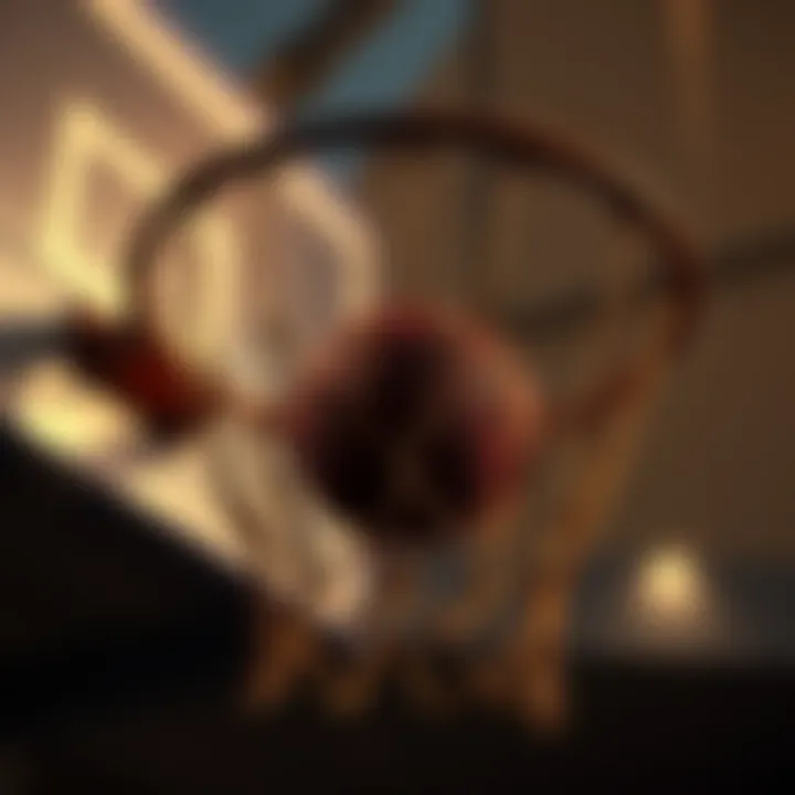 A vintage basketball hoop with a ball going through it, symbolizing the first basket in basketball history.