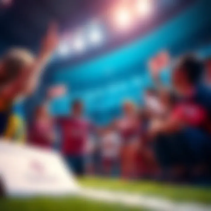 Excited fans discussing who will be the first goalie to score in the Super Bowl, holding signs and wearing team jerseys.