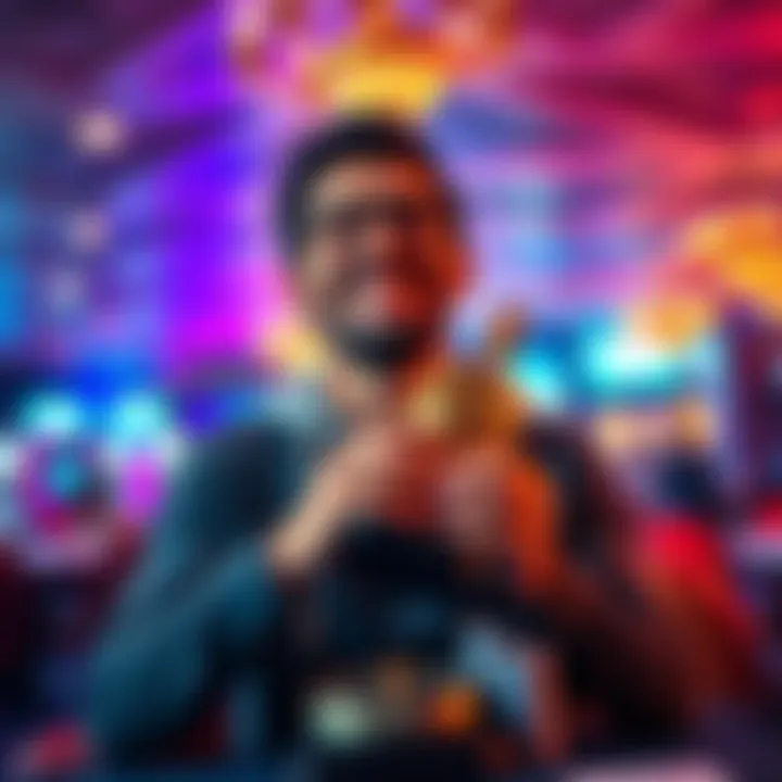 A player celebrating their first poker tournament win, holding a trophy with a smile in a casino setting.