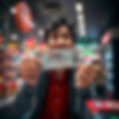 A person nervously holding a prize voucher with a mix of excitement and anxiety on their face at a redemption counter.