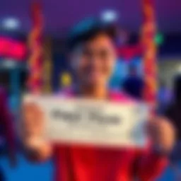 A joyful person holding a winning lottery ticket with a big smile, celebrating their first prize win.